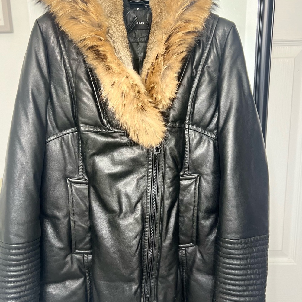 RUDSAK Black Leather Jacket with Brown Fur Trim